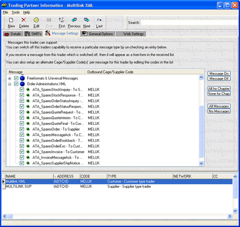 Trader screen showing XML message options. Trader screen showing XML message options.